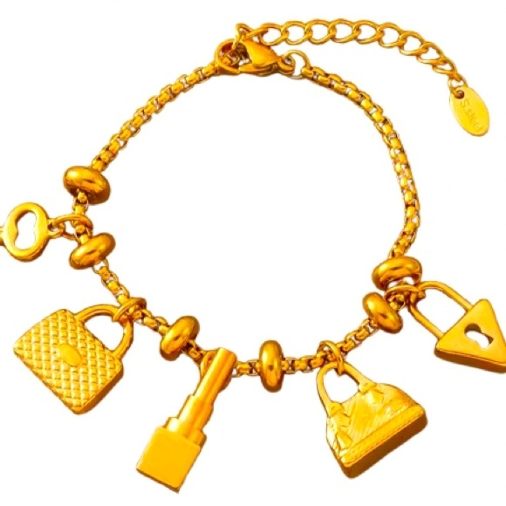NEW 8” STAINLESS STEEL GOLD PLATED CHARM BRACELETS.